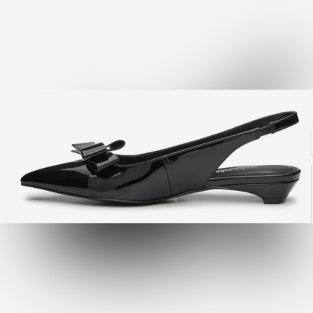 Marc Fisher Black Patent Pointed Toe Slingback Flats with Bow - Picture 4 of 13
